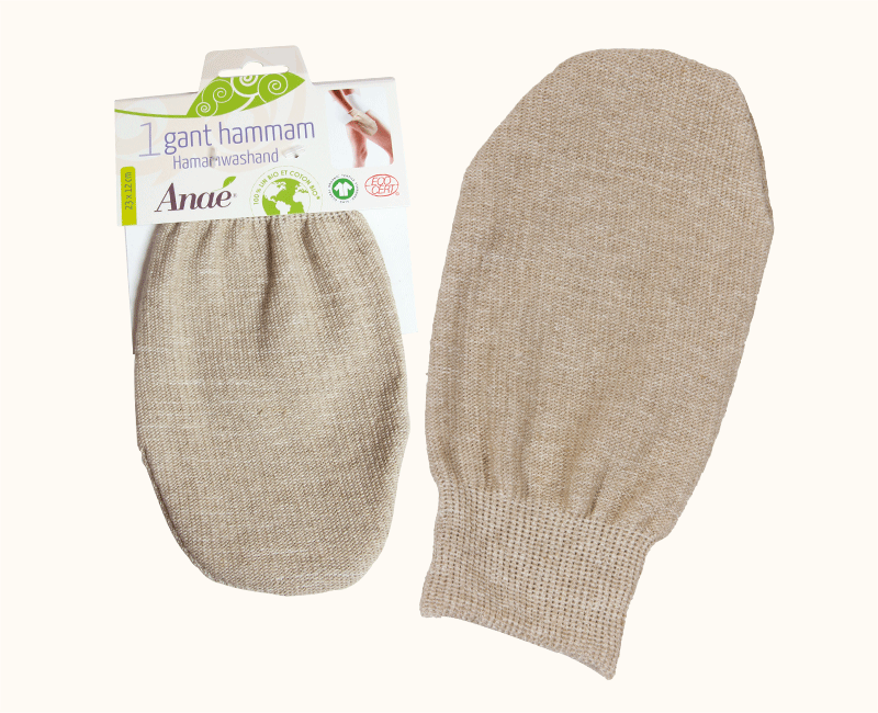 Luva de Linho e Algodão Par de gants de hammam em tecido bege com embalagem branca e verde