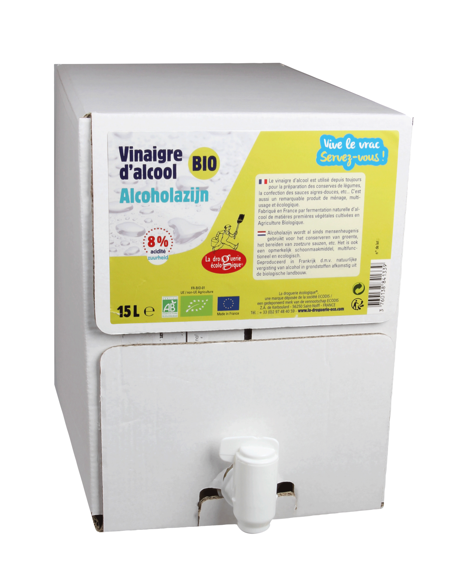 Vinagre de Limpeza (granel) Caixa branca de 15 litros de vinagre de álcool bio com etiqueta amarela e azul e torneira branca