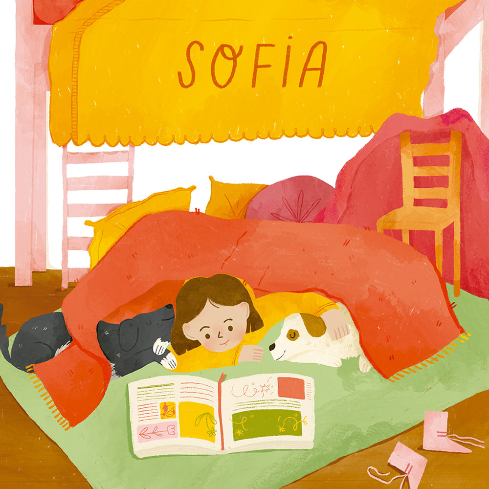 Livro As Descobertas de Sofia – O Lixo e a Reciclagem Criança a ler livro com dois cães sob manta com tenda 'SOFIA'