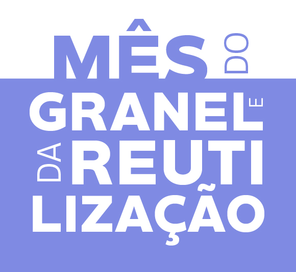 Texto em branco e azul com mensagem MÊS DO GRANEL DA REUTILIZAÇÃO sobre fundo branco e azul