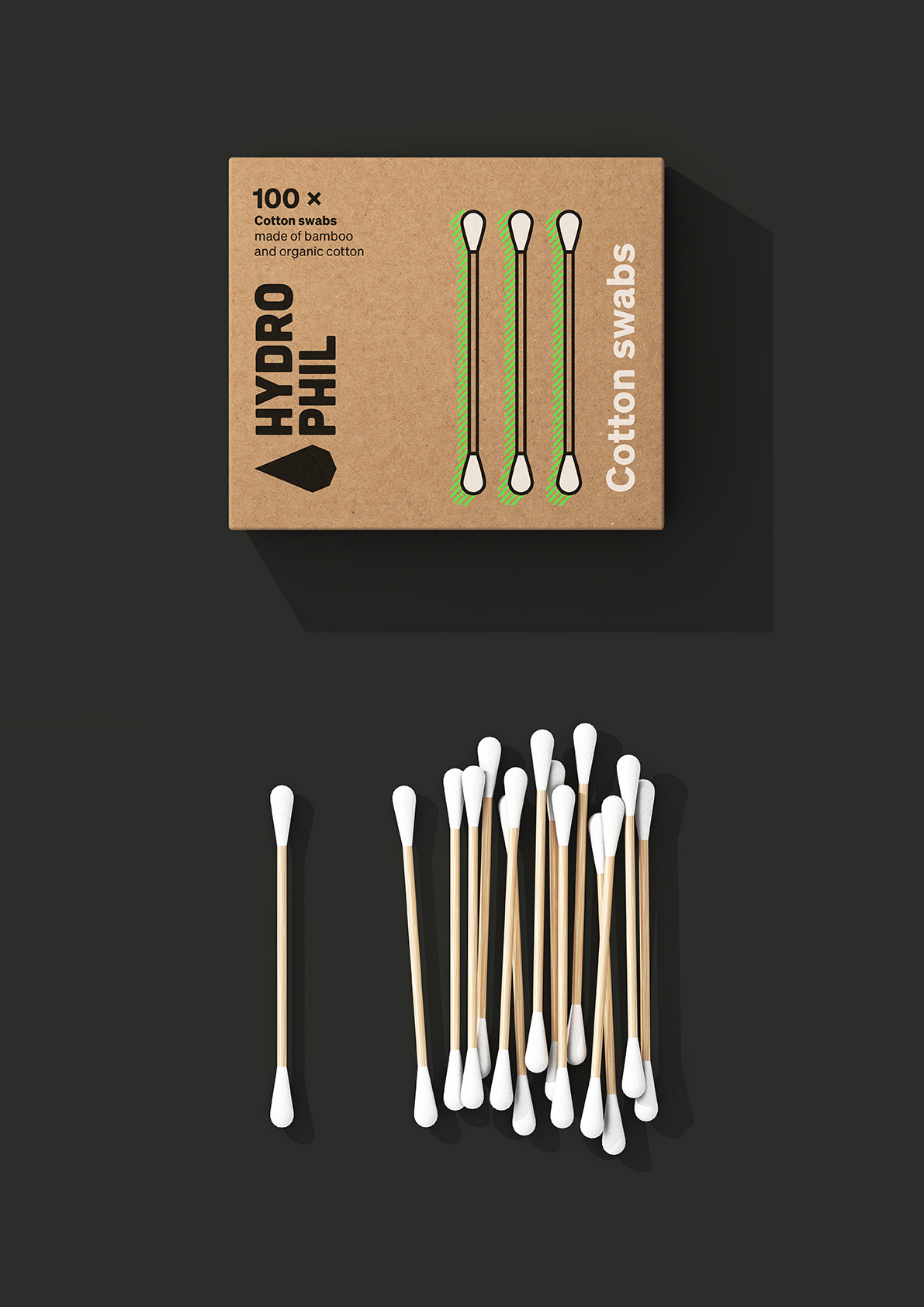 Pacote de cotonetes HYDRO PHIL de bambu com cotonetes organizados em fundo preto