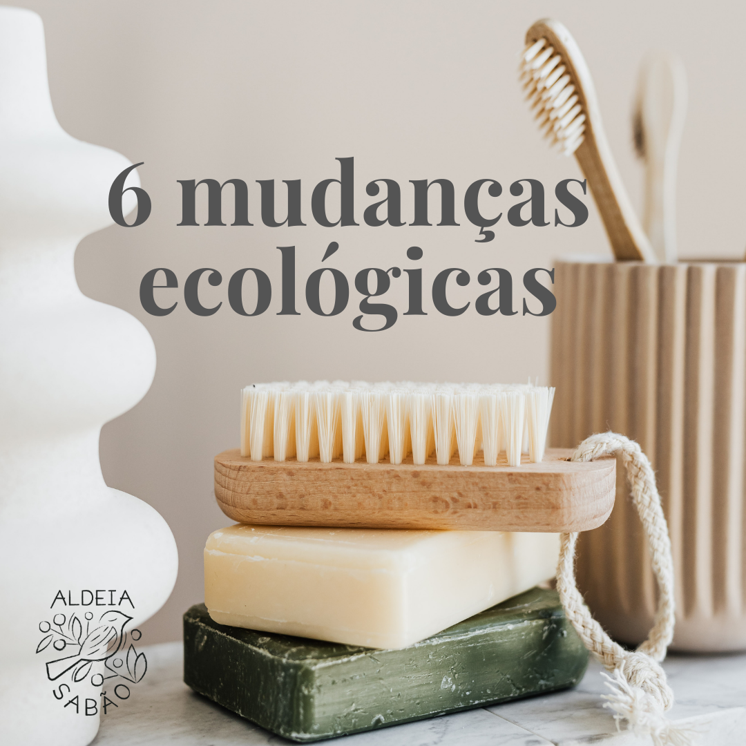 Sabonetes, escova de madeira e escova de dentes de bambu com texto 6 mudanças ecológicas