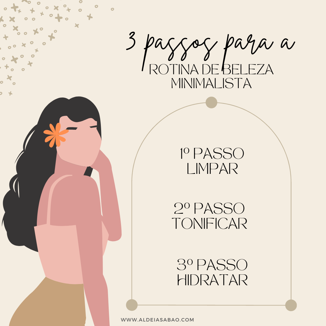 Ilustração de mulher com texto dos 3 passos para rotina de beleza minimalista