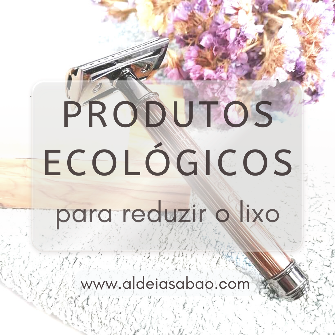 6 Produtos ecológicos para reduzir o lixo em 2023 Aparelho de barbear metálico prateado com texto promocional em português