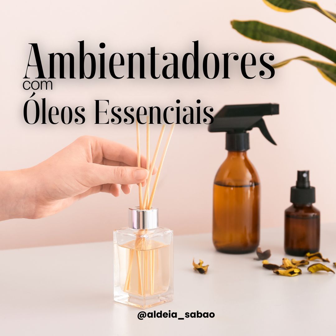 Frascos de ambientadores com óleos essenciais com texto promocional em português.