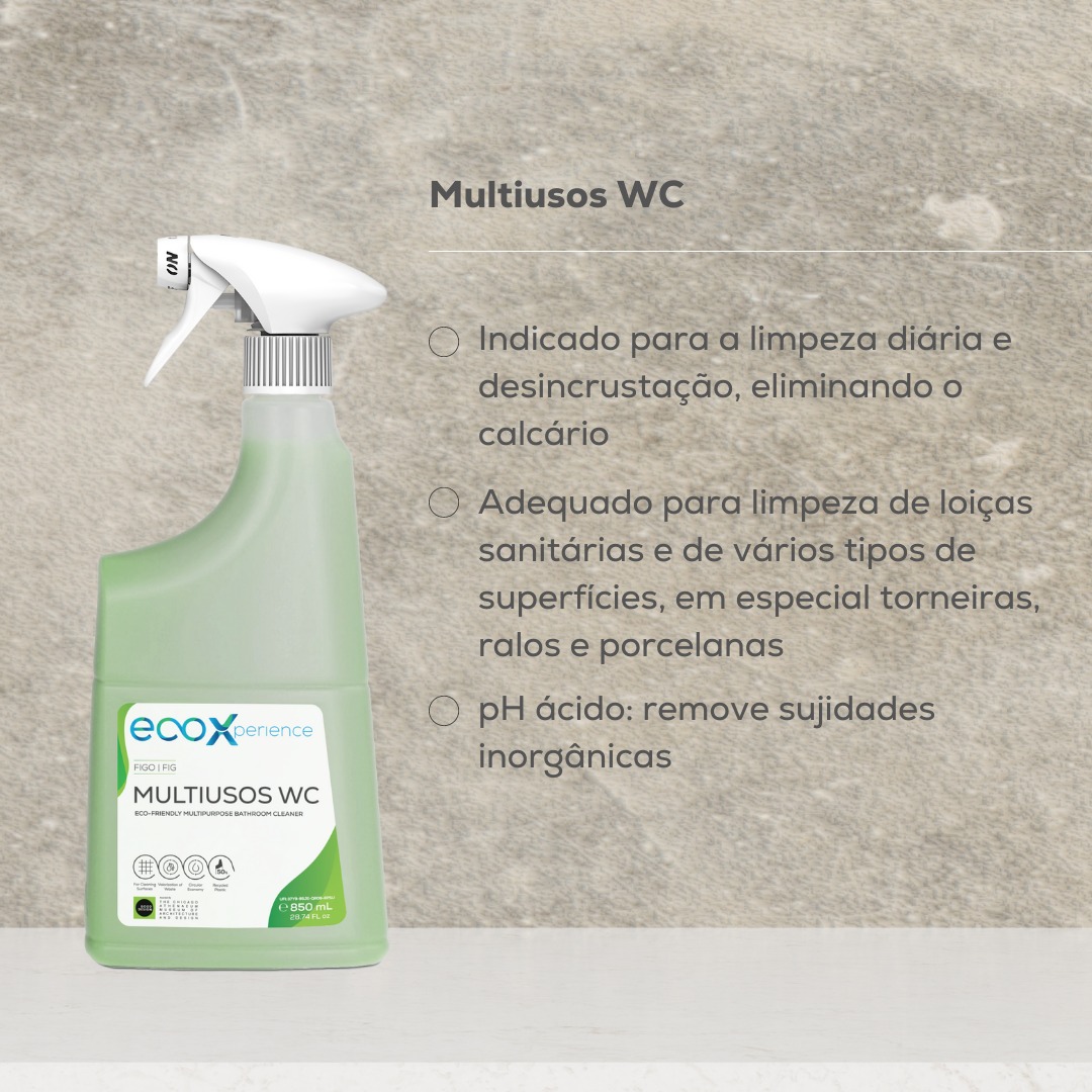 Multiusos WC Figo (granel) Frasco de spray de limpeza Multiusos WC da ecoXperience com texto explicativo em fundo cinzento.
