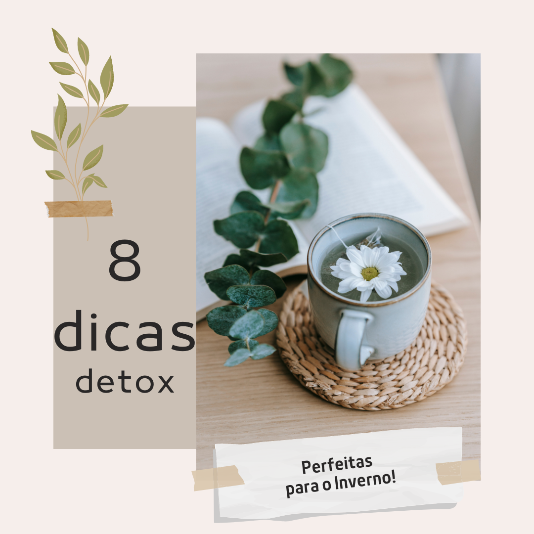 8 Dicas detox para o Inverno Chávena cinza com bebida e flor branca sobre base de palha, rama verde e livro aberto