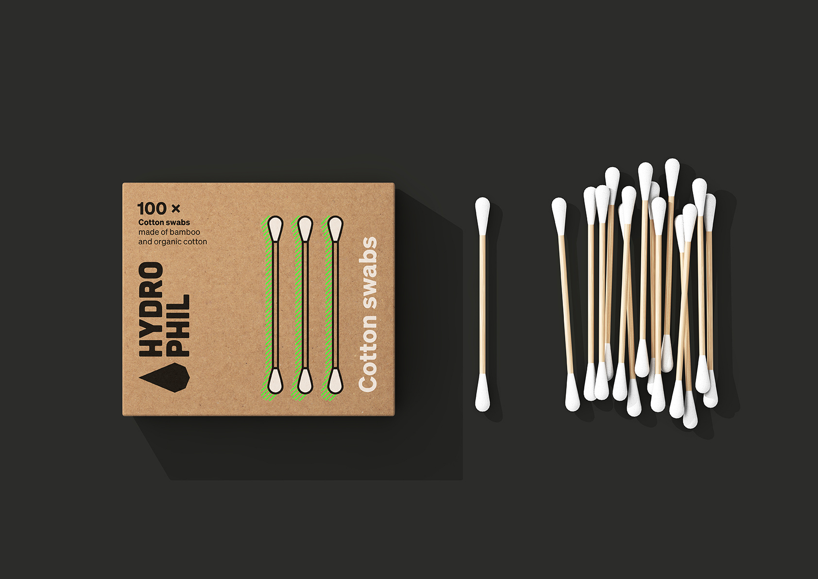 Caixa de papelão com 100 hastes flexíveis de algodão branco em ambas as extremidades e algumas hastes soltas ao lado