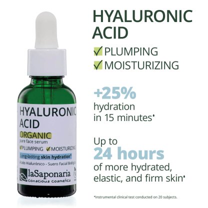 Ácido Hialurónico - La Saponaria Frasco verde com conta-gotas branco de soro facial Hyaluronic Acid orgânico da laSaponaria