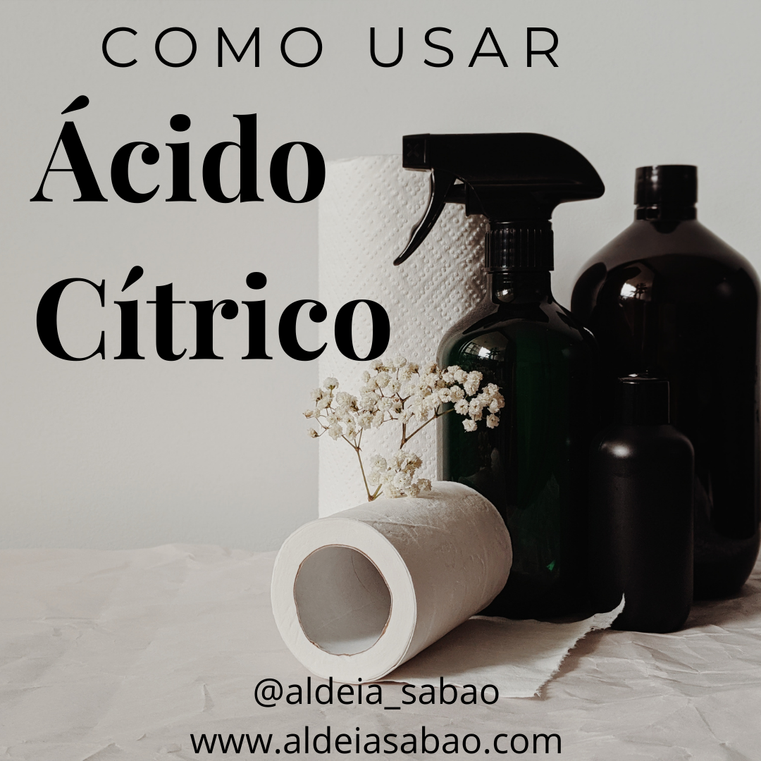 Frascos em vidro escuro, rolo de papel, flores secas e texto sobre uso de ácido cítrico