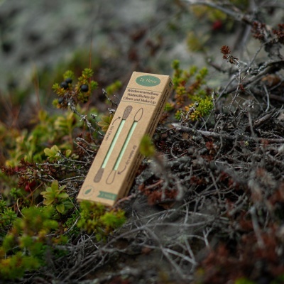 Embalagem castanha com duas espátulas verdes para maquiagem sobre vegetação seca