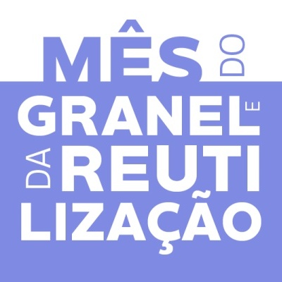Texto em branco e azul com mensagem MÊS DO GRANEL DA REUTILIZAÇÃO sobre fundo branco e azul
