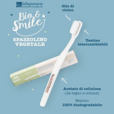 Escova de dentes branca com embalagem e texto em italiano