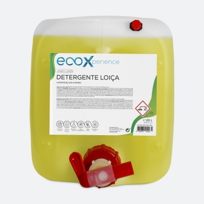 Recipiente amarelo com detergente para loiça ecoXperience e rótulo branco