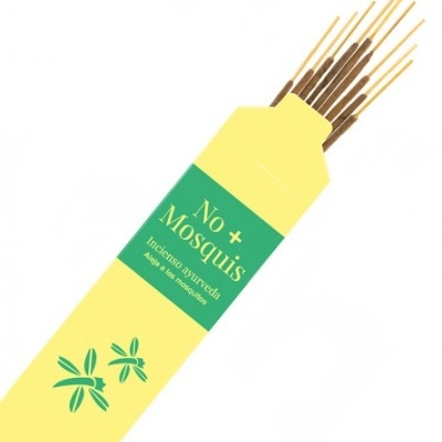 Incensos em pau em embalagem amarela e verde com texto No + Mosquis