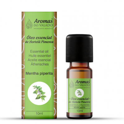 Frasco e caixa de óleo essencial de Hortelã Pimenta Aromas do Valado