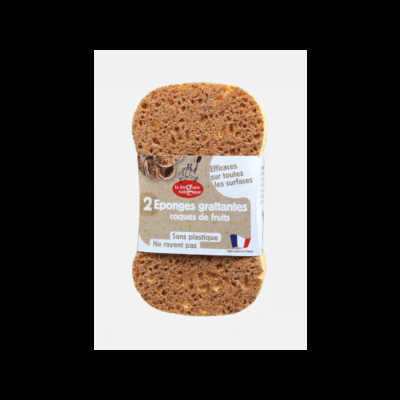 Duas esponjas castanhas para gratinar embaladas com rótulo branco e bege em fundo branco