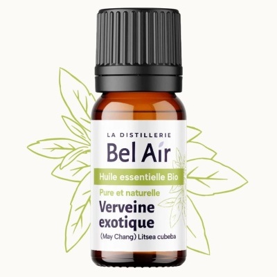 Frasco de óleo essencial Verveine exotique em vidro âmbar com rótulo branco e tampa preta