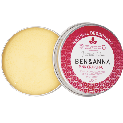 Desodorizante natural em creme Ben & Anna Pink Grapefruit em embalagem metálica prateada com tampa vermelha e branca.