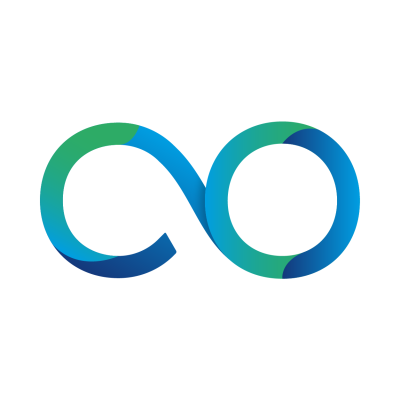 Símbolo gráfico colorido em forma de infinito com azul e verde