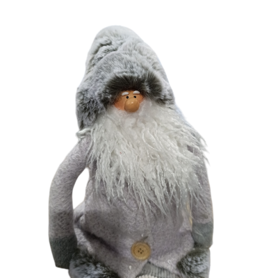 Boneco decorativo de Natal cinzento com barba branca e chapéu felpudo