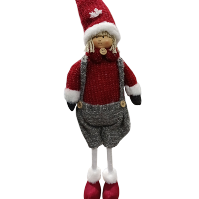 Boneco decorativo com roupa vermelha e cinza e chapéu pontudo vermelho