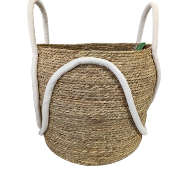 Cesto redondo trançado natural com alças brancas