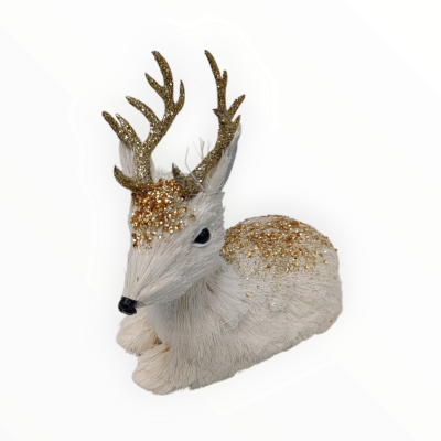 Figura decorativa de rena branca com glitter dourado e detalhes em fibra