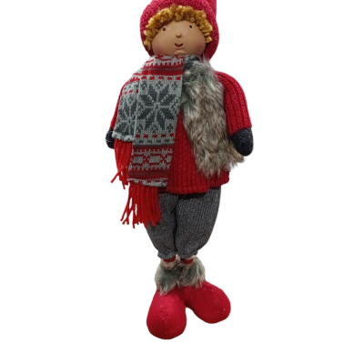 Boneco decorativo com camisola vermelha, cachecol cinza e vermelho e gorro vermelho