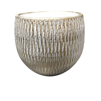 Vaso decorativo redondo prateado com textura acanalada em cerâmica