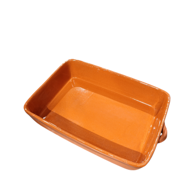 Tabuleiro rectangular de cerâmica castanha alaranjada com pega lateral