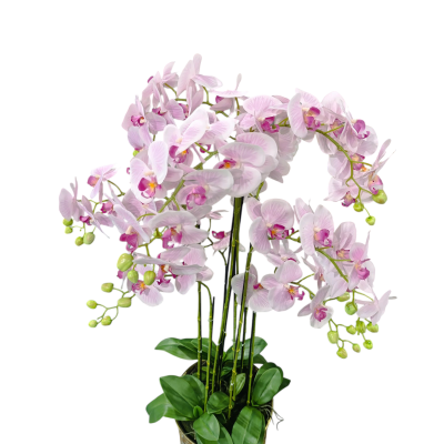 Orquídea artificial rosa com folhas verdes e vaso translúcido