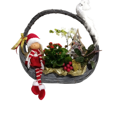 cesto decorativo de Natal com plantas, boneco de Natal e pássaro branco artificial