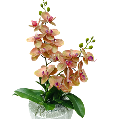 Arranjo artificial de orquídeas em vaso branco