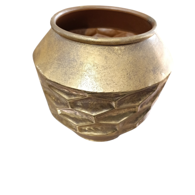Vaso cerâmico dourado com textura geométrica e interior castanho