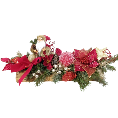 Arranjo decorativo de Natal com Pai Natal, flores vermelhas e laço