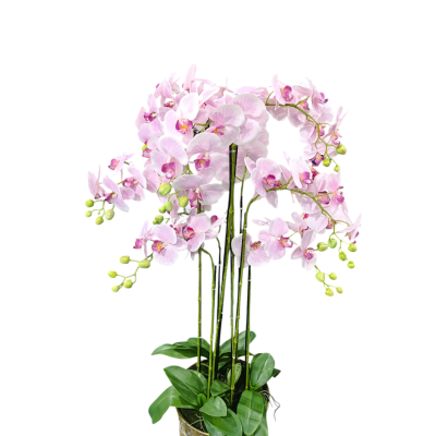 Orquídea artificial rosa claro com folhas verdes em vaso decorativo