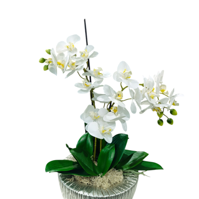 Orquídea branca artificial em vaso prateado