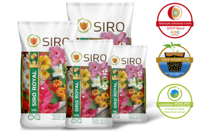 Sacos de substrato SIRO ROYAL com imagens de flores e selos de certificação
