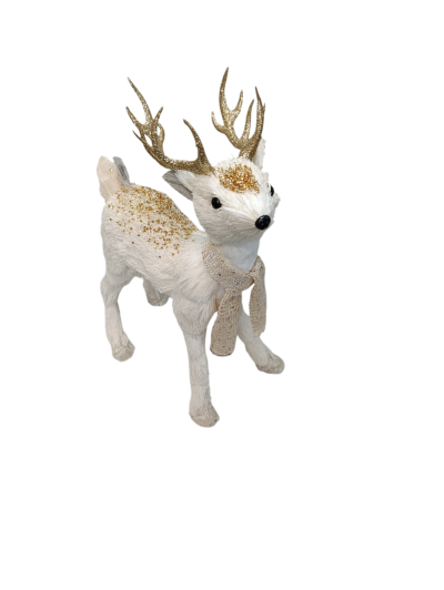 Figura decorativa de rena branca com glitter dourado e laço