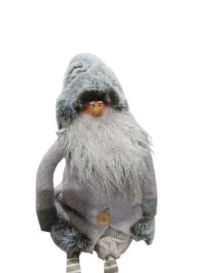 Boneco decorativo de Natal cinzento com barba branca e chapéu felpudo