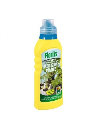 Frasco amarelo de produto Flortis para enraizamento de plantas com rótulo e tampa azul