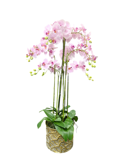 Orquídea artificial rosa em vaso dourado decorativo
