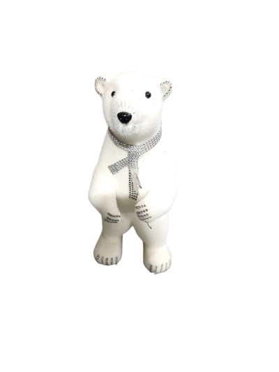 Estátua de urso polar branco com laço prateado e olhos pretos