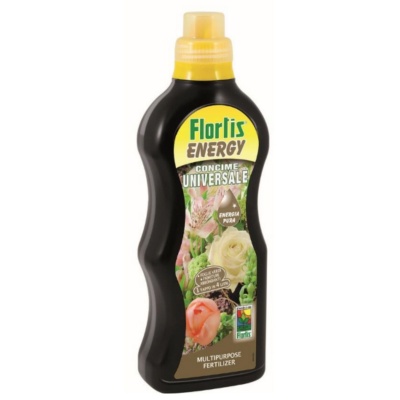 Frasco de fertilizante Flortis Energy Concime Universale preto com tampa amarela