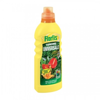 Frasco amarelo de fertilizante Flortis com rótulo verde e tampa laranja