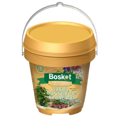Balde amarelo de fertilizante Boskot para vasos e canteiros com rótulo verde e bege