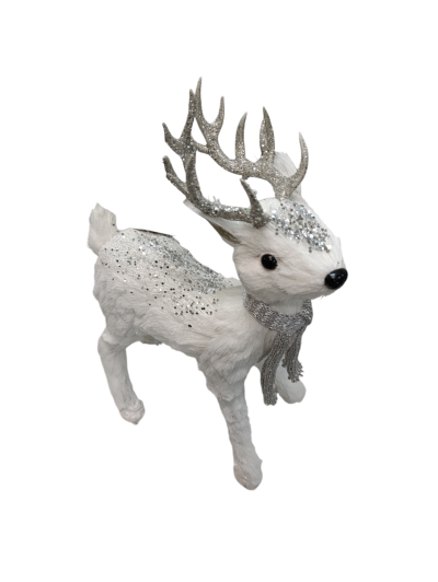 Figura decorativa de rena branca com purpurina prateada
