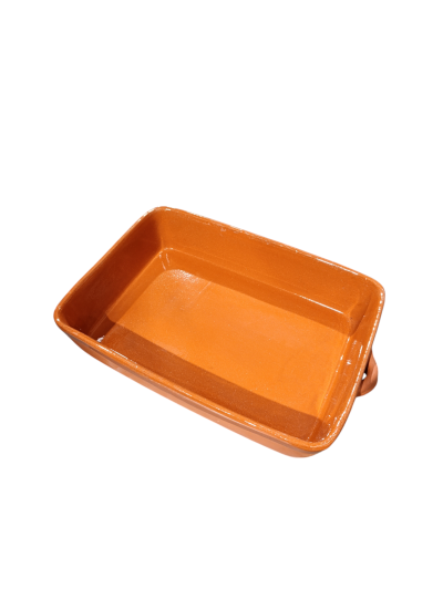 Tabuleiro rectangular de cerâmica castanha alaranjada com pega lateral