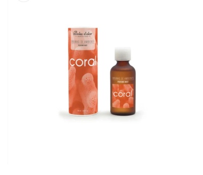 Frasco e embalagem do perfume Coral com padrão coral e texto em laranja